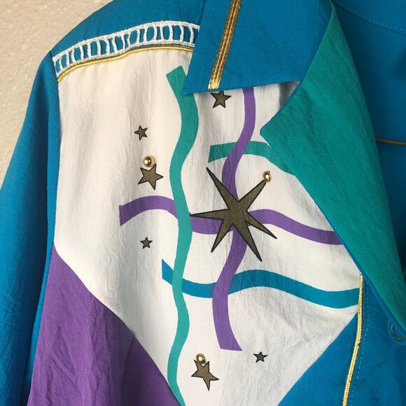 Vintage 80s Teddi Blue, Purple, Green Celestial Sun & Stars Pullover Top - Picture 4 of 9